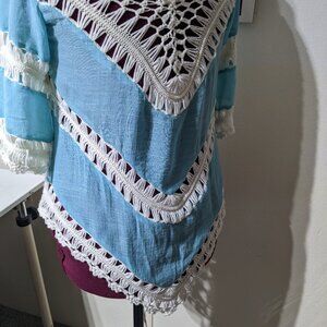 2 TOPS, ONE IS TURQUOISE & WHITE, ONE IS DK MINT GREEN WITH BROWNS BOHEMIAN, L